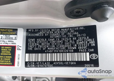 2013 Toyota Camry Xle from USA, damaged, VIN 4T4BF1FK1DR326198